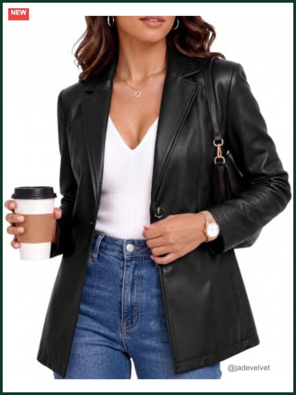 Women's Faux Leather Blazer Long Sleeve Suit Jacket Lightly Fitted